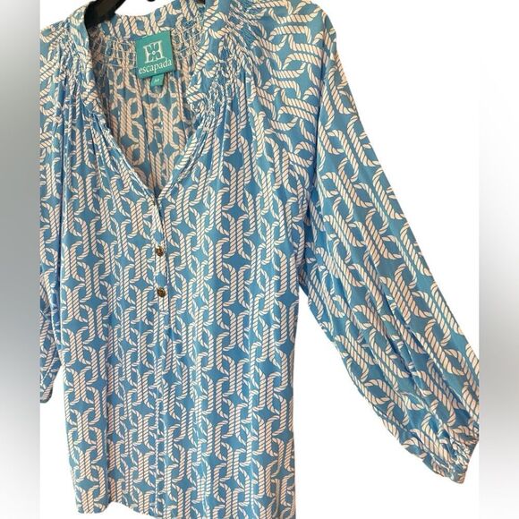 Escapada Sz M Blue & White Nautical Print Flowy Sleeve Summer Top - Picture 3 of 7